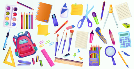 Collection of various school supplies. Set of rucksack, pencil, pen, brush, notebook, scissors, ruller, calculator, palette, paper clip. Isolated on white background. Vector illustration