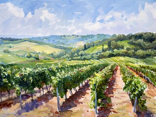 Fototapeta premium Vineyard at sunny day, green vines and ripe grapes