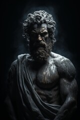 Mysterious ancient greek, roman male stoic statue, sculpture in dramatic lighting, shadows highlighting the impressive muscular build and classical beauty. 