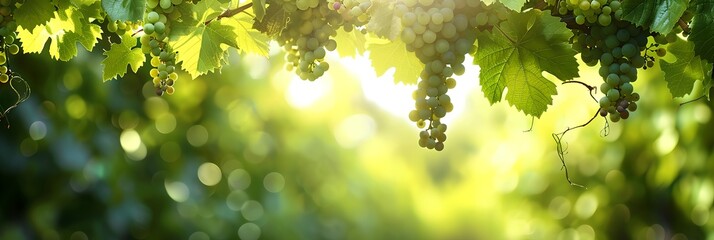 Vineyard at sunny day, green vines and ripe grapes - obrazy, fototapety, plakaty