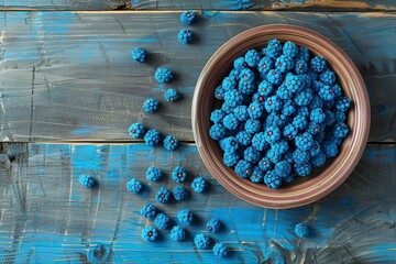 fresh blue raspberries in a bowl on a wooden table