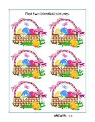 Easter visual puzzle. Find two identical pictures with basket, painted eggs, chick, fresh green grass, flowers and butterflies. Answer included.
