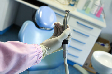 Dental practice for dental surgeries. One sees chairside nurse, dental instruments and dental...