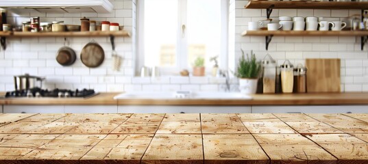 Empty wooden table against blurred kitchen countertop for stylish and elegant home decor