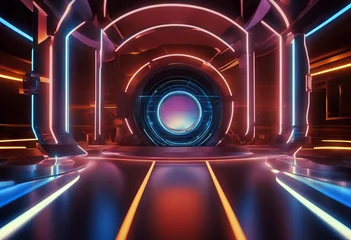 Tuinposter 3d render neon light abstract background round portal rings circles virtual reality ultraviolet spectrum laser show fashion podium stage floor reflection stock photo © mohamedwafi