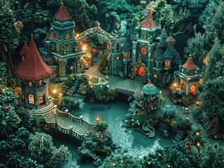 Aerial view of a Timeless Wonderland: Visualize a whimsical wonderland where time stands still, with curious creatures, magical landscapes, and endless adventures