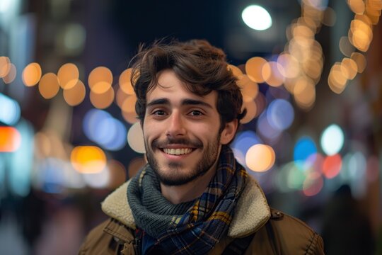 Fototapeta attractive young man smiling posing on the city streets at night