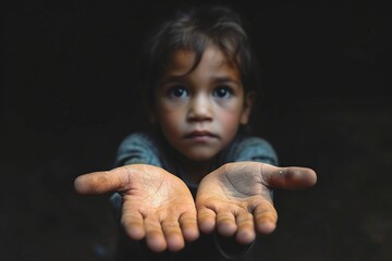 a poor child asking for help - obrazy, fototapety, plakaty