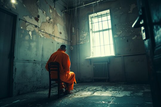 prisoner in orange jumpsuit sitting in prison