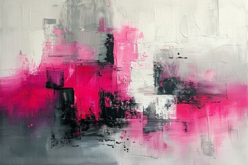 Abstract Pink and Black Painting, grey background - obrazy, fototapety, plakaty