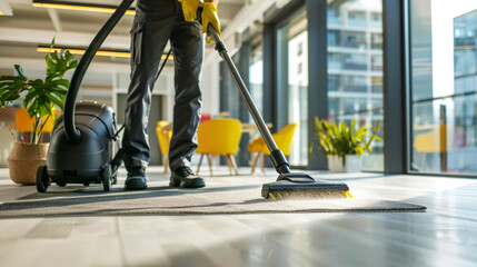 Housekeeper cleans the floor with a powerful vacuum cleaner in a yellow uniform and gloves in office. Generative AI