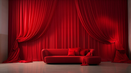 Intérieur design d'une maison ou appartement avec de longs rideaux rouges en velours. Élégant, luxe, classe. Pour conception et création graphique. - obrazy, fototapety, plakaty
