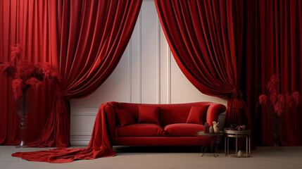 Intérieur design d'une maison ou appartement avec de longs rideaux rouges en velours. Élégant, luxe, classe. Pour conception et création graphique. - obrazy, fototapety, plakaty