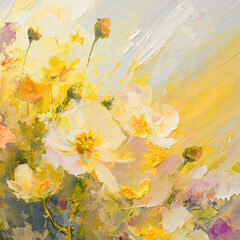 An acrylic-painted floral meadow, depicted with abstract brushstrokes, offers a unique artistic style. The scene bursts with vibrant colors and dynamic strokes, capturing the essence of a lively meado