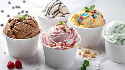 Various colorful ice cream flavors such as salted caramel, mint chocolate chip and birthday cake. A...