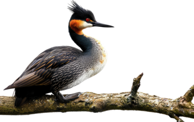 Branch-Perched Grebe isolated on transparent Background