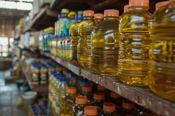 vegetable oil in a plastic bottle palm oil in the store - obrazy, fototapety, plakaty