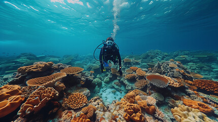 scuba diver in the ocean among the reefs