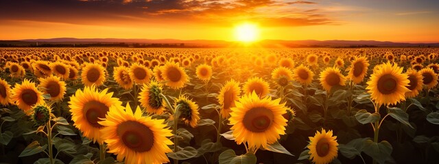 field of beautiful sunflowers full of light