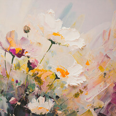 An acrylic-painted floral meadow, depicted with abstract brushstrokes, offers a unique artistic style. The scene bursts with vibrant colors and dynamic strokes, capturing the essence of a lively meado