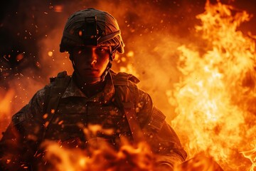 soldier anguished between fire and flames - obrazy, fototapety, plakaty