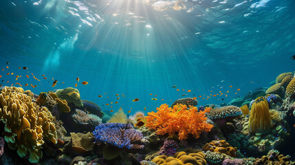 underwater photography of coral reefs with fish and fauna - obrazy, fototapety, plakaty