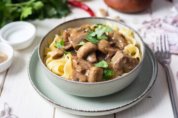 Lunch dish: pasta with mushrooms and meat in a plate on a white background. Close-up