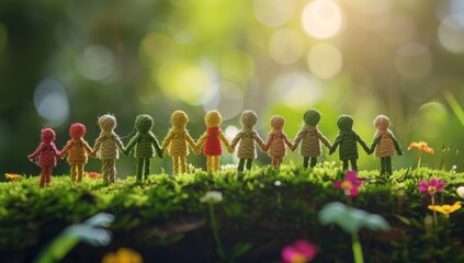 mother earth day, save the planet. A group of small colorful wooden figurines holding hands, standing on moss and grass with a green background, colorful flowers in the foreground