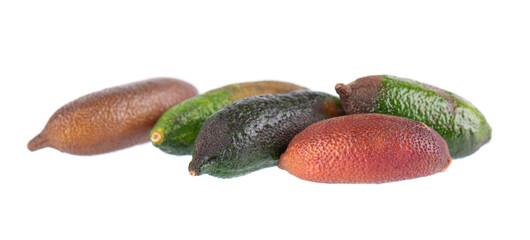 Fresh finger limes isolated on white background. Caviar lime. Fruits pods. Clipping path.