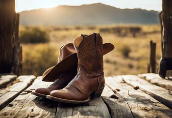 Western barnwood background w/boots hat lasso-extra wide stock photo - obrazy, fototapety, plakaty