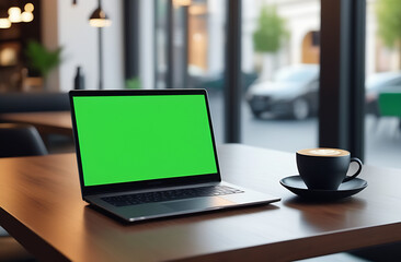 Fototapeta premium Mockup image of laptop with blank green screen on wooden table in cafe