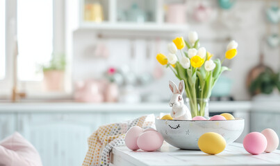 Easter decoration (eggs and rabbit and flowers) on kitchen table. Kitchen on background. White pink blue yellow colors. Gift card