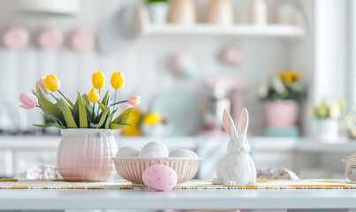 Easter decoration (eggs and rabbit and flowers) on kitchen table. Kitchen on background. White pink...