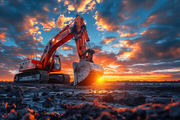 An excavator performs excavation work in a sand quarry against the backdrop of the sunset sky. - obrazy, fototapety, plakaty