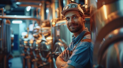 Professional brewer at work in craft beer brewery with stainless steel tanks