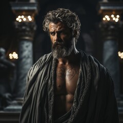 Obraz premium Mysterious ancient greek, roman male stoic statue, sculpture in dramatic lighting, shadows highlighting the impressive muscular build and classical beauty. 