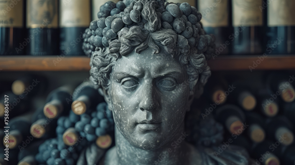 Wall mural bacchus bust sculpture, ancient greek god of wine., old wine bottles on the background.