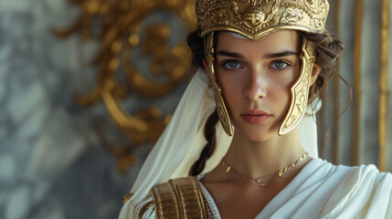 Young proud Greek queen with golden crown in a palace.
