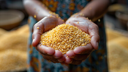 Hands of a woman farmer close-up holding a handful of wheat grains.