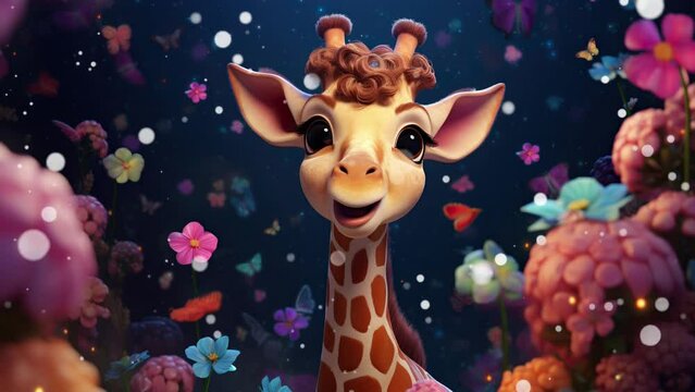 Cheerful giraffe enjoying the fantasy forest  Seamless looping 4k time-lapse virtual video animation background. Generated AI