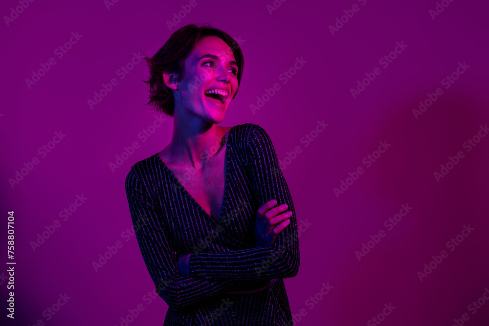 Sticker photo portrait of lovely lady crossed hands look empty space dressed stylish overall garment isolate