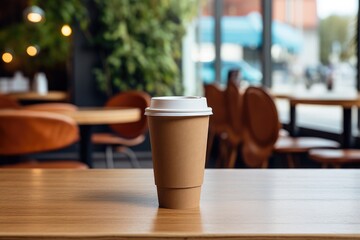 A coffee-to-go paper cup on a table in a blurred background coffee shop cafe