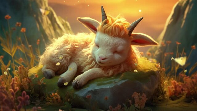Caprine Dreamland: Cute Fluffy Goat Snoozing in the Majesty of the Magical Forest
 Seamless looping 4k time-lapse virtual video animation background. Generated AI