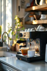 Espresso machine brewing a cup of coffee in a cozy kitchen setting