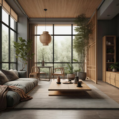 Interior of living room in modern house in Japandi style.