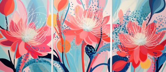 Abstract floral artwork. Modern botanical decor in hippie fashion. Whimsical and funky interior adornments, artwork. Illustrated in format.