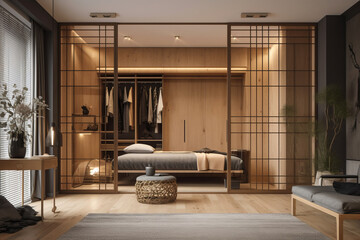 Wardrobe interior with wooden furniture in modern Japandi style house.