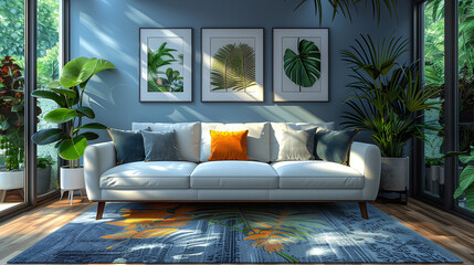Sofa against blue wall. Scandinavian home interior design of modern living room. - obrazy, fototapety, plakaty