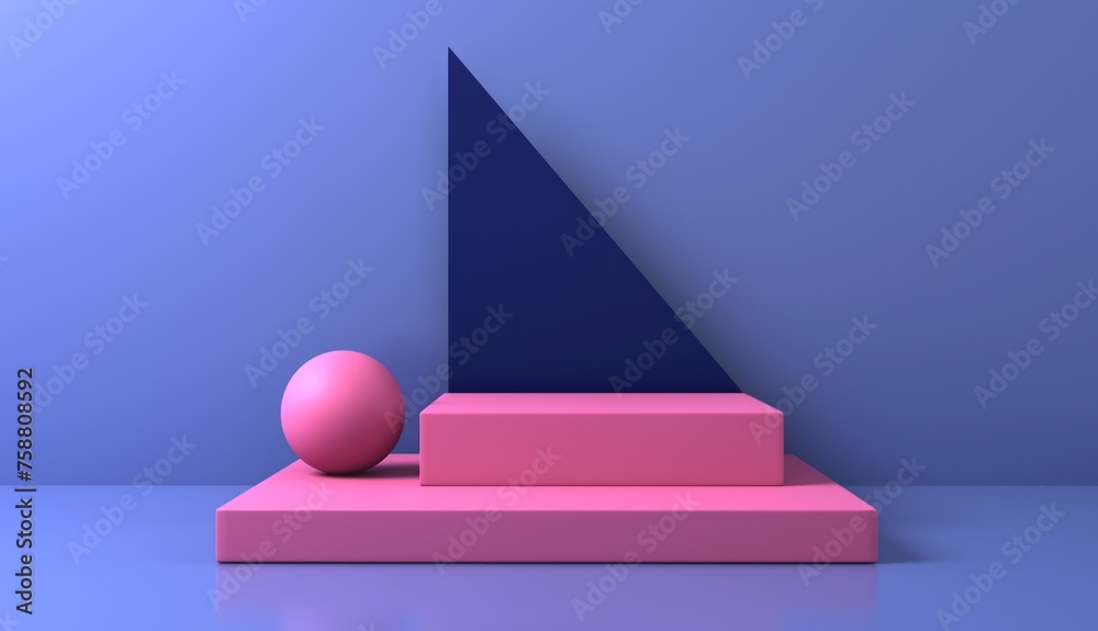 Wall mural pink marble podium in minimal blue background 3D render