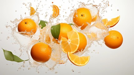 Flying delicious fresh oranges in water splash on black background, veggie, fruit.